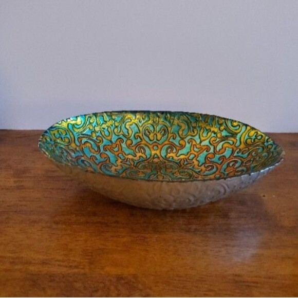 ArdaCam Hand-Painted Glass Serving Bowl Turq & Gold, Turkey, Environ Friendly - Picture 3 of 8